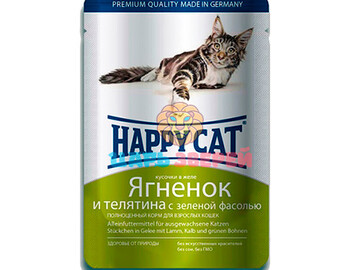 Happy Cat (Хэппи Кэт) - Кусочки в желе ягненок, телятина, фасоль, пауч 100 г