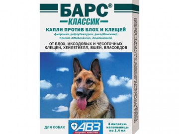 АВЗ - Капли инсектоакарицидные на холку для собак БАРС, 4 пипетки