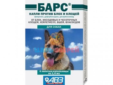 АВЗ - Капли инсектоакарицидные на холку для собак БАРС, 4 пипетки