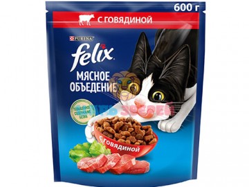 Felix (Феликс) - Мясное объедение, Сухой корм для взрослых кошек, с говядиной, 600 г