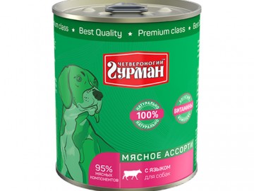 Четвероногий Гурман - Мясное ассорти с языком для собак, баночка 340 г