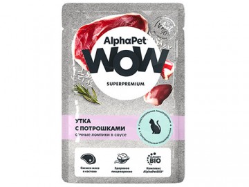 AlphaPet (АльфаПет) - WOW Superpremium, Влажный корм для кошек с чувствительным пищеварением, утка с потрошками в соусе, пауч 85 г