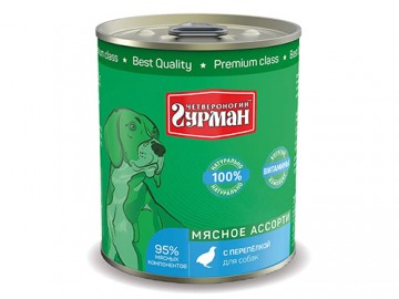 Четвероногий Гурман - Мясное ассорти с перепелкой для собак, баночка 340 г