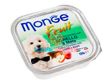 Monge (Монже) - Fruit Dog, нежный паштет для собак, ягненок с яблоком, ламистер 100 г