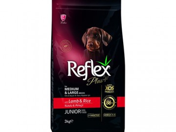 Reflex Plus (Рефлекс Плюс) - Medium & Large Breed Junior Dog Food Lamb and Rice, Сухой корм для щенков средних и крупных пород, с ягненком и рисом, 3 кг