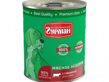 Четвероногий Гурман - Мясное ассорти с говядиной для собак, баночка 340 г