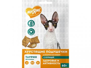 Мнямс - Здоровье и активность, Хрустящие подушечки для кошек с курицей и сыром, 60 г