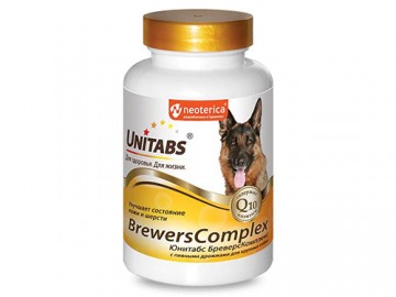 Unitabs (Юнитабс) -  BrewersComplex, Витамины с пивными дрожжами для кожи и шерсти для крупных собак с Q10, 100 таблеток