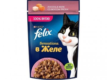 Felix (Феликс) - Сенсейшн кусочки с лососем и треской в желе для кошек, пауч 75 г