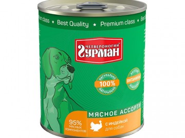 Четвероногий Гурман - Мясное ассорти с индейкой для собак, баночка 340 г