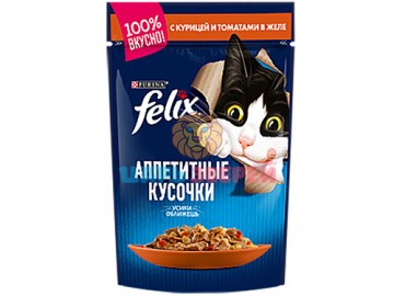 Felix (Феликс) - Кусочки с курицей и томатом для кошек, пауч 75 г