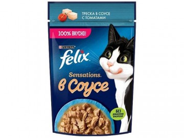 Felix (Феликс) - Сенсейшн кусочки трески с томатами в соусе для кошек, пауч 75 г