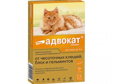 Bayer (Байер) - Адвокат, Капли на холку от блох, чесоточных клещей и круглых гельминтов для кошек и хорьков весом до 4 кг (штучно)