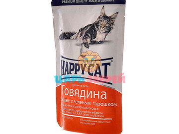 Happy Cat (Хэппи Кэт) - Кусочки в желе говядина, печень, горошек, пауч 100 г