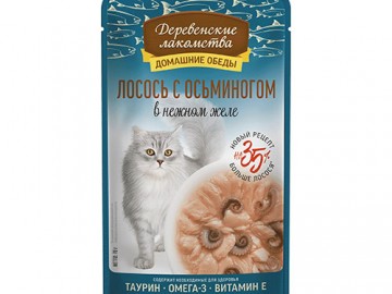 Деревенские лакомства - Домашние обеды, Влажный корм для кошек с лососем и осьминогом в нежном желе, пауч 70 г
