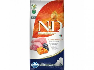 Farmina N&D (Эн Дэ) - Pumpkin Dog Grain Free Lamb & Blueberry Puppy Medium & Maxi, Беззерновой корм для щенков средних и крупных пород с ягненком, черникой и тыквой, 12 кг