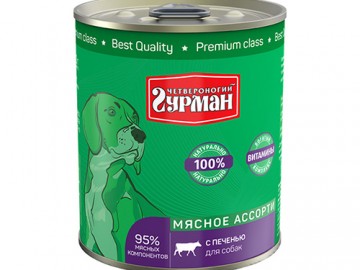 Четвероногий Гурман - Мясное ассорти с печенью для собак, баночка 340 г