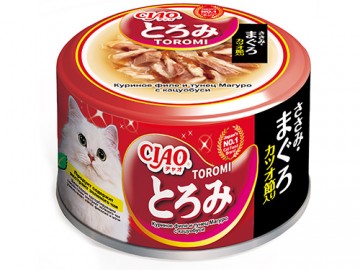 INABA (ИНАБА) - Toromi, Влажный корм для кошек с куриным филе, тунцом Магуро и Кацуобуси в бульоне, баночка 80 г