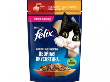 Felix (Феликс) - Кусочки с говядиной и птицей в желе для кошек, пауч 75 г