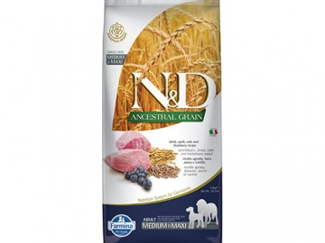 Farmina N&D (Эн Дэ) - Ancestral Grain Dog Lamb Blueberry Puppy Medium & Maxi, Низкозерновой корм для щенков средних и крупных пород, беременных и кормящих собак с ягненком и черникой, 12 кг