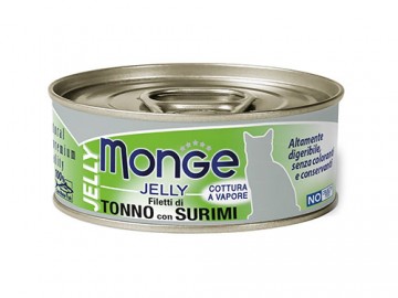 Monge (Монже) - Jelly Filetti di Tonno con Surimi, Влажный корм для кошек с желтоперым тунцом и сурими в желе, баночка 80 г