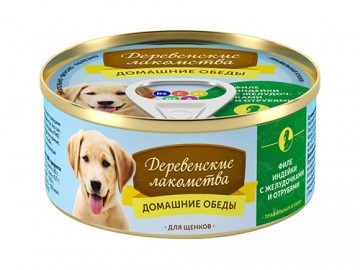 Деревенские лакомства - Домашние обеды для щенков филе индейки с желудочками и отрубями, баночка 100 г