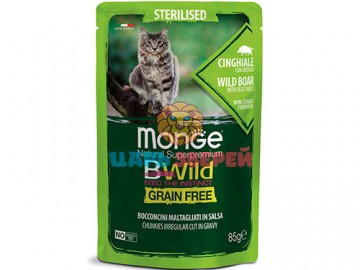 Monge (Монже) - BWild Grain Free, Беззерновой влажный корм для стерилизованных кошек с диким кабаном и овощами, пауч 85 г