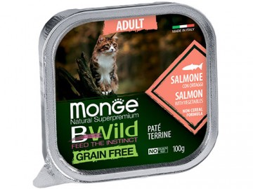 Monge (Монже) - BWild Grain Free, Беззерновой влажный корм для кошек с лососем и овощами, ламистер 100 г
