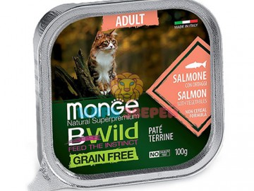 Monge (Монже) - BWild Grain Free, Беззерновой влажный корм для кошек с лососем и овощами, ламистер 100 г