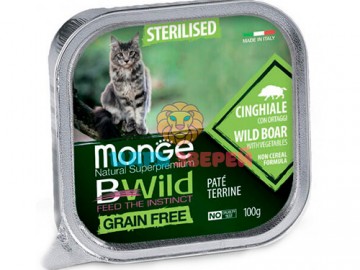 Monge (Монже) - BWild Grain Free, Беззерновой влажный корм для стерилизованных кошек с кабаном и овощами, ламистер 100 г