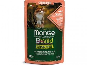 Monge (Монже) - BWild Grain Free, Беззерновой влажный корм для стерилизованных кошек с лососем, креветками и овощами, пауч 85 г