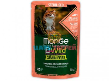 Monge (Монже) - BWild Grain Free, Беззерновой влажный корм для стерилизованных кошек с лососем, креветками и овощами, пауч 85 г