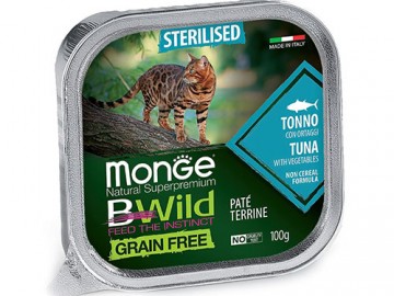 Monge (Монже) - BWild Grain Free, Беззерновой влажный корм для стерилизованных кошек с тунцом и овощами, ламистер 100 г