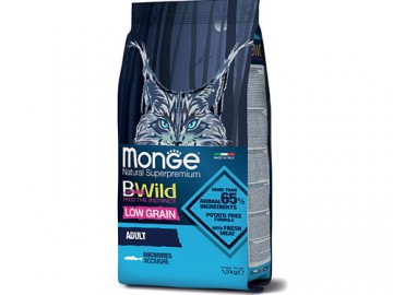 Monge (Монже) - BWild Cat Low Grain, Сухой низкозерновой корм для взрослых кошек с анчоусами, 1,5 кг