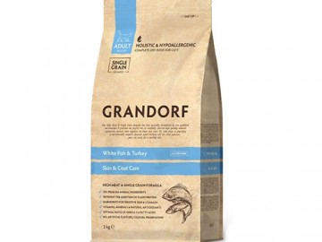 Grandorf (Грандорф) - White Fish&Turkey Adult Indoor, Сухой корм для домашних кошек, склонных к аллергии, с белой рыбой и индейкой, 2 кг