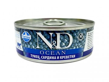 Farmina N&D (Эн Дэ) - Cat Ocean Tuna, Sardine & Shrimp, Влажный корм для взрослых кошек с тунцом, сардинами и креветками, баночка 70 г