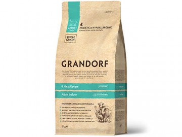 Grandorf (Грандорф) - 4 Meat Adult Indoor, Сухой корм для домашних кошек с чувствительным пищеварением или склонных к аллергии, 2 кг