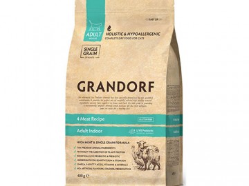 Grandorf (Грандорф) - 4 Meat Adult Indoor, Сухой корм для домашних кошек с чувствительным пищеварением или склонных к аллергии, 400 г