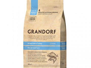 Grandorf (Грандорф) - White Fish&Turkey Adult Indoor, Сухой корм для домашних кошек, склонных к аллергии, с белой рыбой и индейкой, 400 г