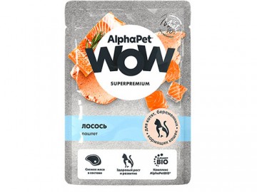 AlphaPet (АльфаПет) - WOW Superpremium, Влажный корм для котят, беременных и кормящих кошек, паштет с лососем, пауч 85 г