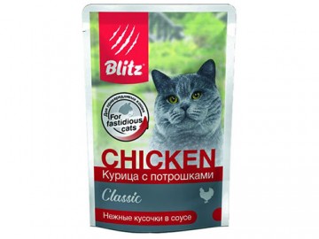 Blitz (Блиц) - Chicken, Влажный корм для взрослых кошек с курицей и потрошками в соусе, пауч 85 г