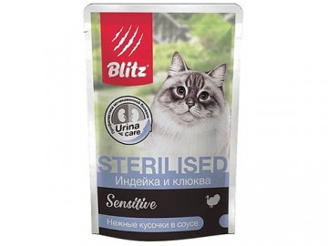 Blitz (Блиц) - Sterilised, Влажный корм для взрослых стерилизованных кошек с индейкой и клюквой в соусе, пауч 85 г