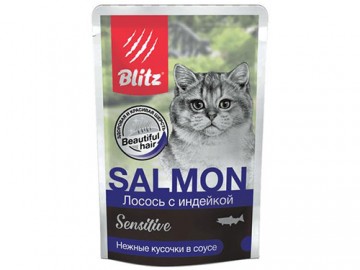 Blitz (Блиц) - Salmon, Влажный корм для взрослых кошек с лососем и индейкой в соусе, пауч 85 г