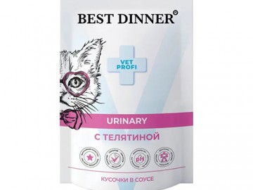 Best Dinner (Бест Диннер) - VET PROFI Urinary, Влажный корм для взрослых кошек для профилактики мочекаменной болезни, кусочки в соусе с телятиной, пауч 85 г