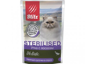 Blitz (Блиц) - Holistic, Влажный корм для стерилизованных кошек с уткой и лососем, пауч 85 г