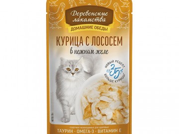 Деревенские лакомства - Домашние обеды, Влажный корм для кошек с курицей и лососем в нежном желе, пауч 70 г