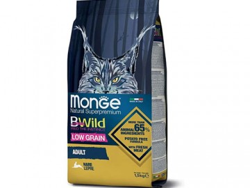 Monge (Монже) - BWild Cat Low Grain, Сухой низкозерновой корм для взрослых кошек с мясом зайца, 1,5 кг