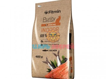 Fitmin (Фитмин) - Grain free Indoor, полнорационный беззерновой корм  для взрoслых кoшeк, живущих в пoмeщeнии, с лососем, 400 г