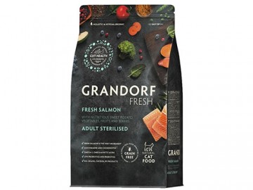 Grandorf (Грандорф) - Fresh Cat Sterilised Salmon&Sweet Potato, Сухой беззерновой корм для взрослых стерилизованных кошек, с филе лосося и бататом, 2 кг
