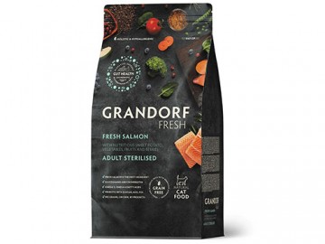 Grandorf (Грандорф) - Fresh Cat Sterilised Salmon&Sweet Potato, Сухой беззерновой корм для взрослых стерилизованных кошек, с филе лосося и бататом, 400 г